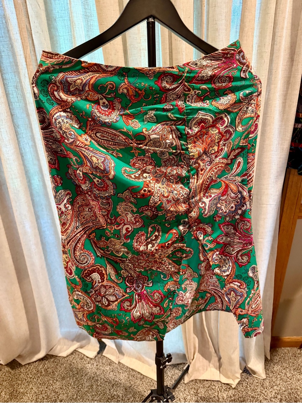 Green Paisley Satin Midi Skirt and Shirt Set- Women's